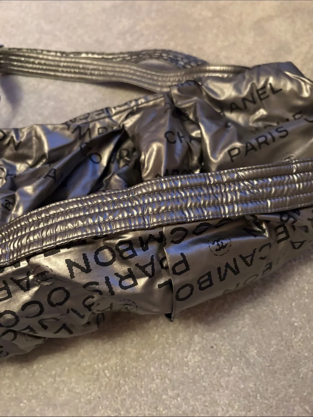 Authentic CHANEL Metallic Silver Logo-Print Shoulder Bag - COA included